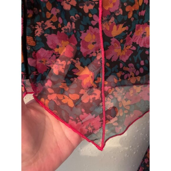 Promesa Fabulous Flowers Floral-Print Mesh Bell-Sleeve Top Sheer V-Neck Tie-Fron - Picture 13 of 16